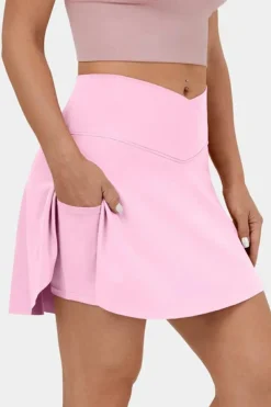 Clearance Dear-Lover Solid Pocketed Crossover High Waist Swim Skort Pink