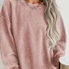 Outlet Dear-Lover Solid Ribbed Knit Round Neck Pullover Sweatshirt Pink
