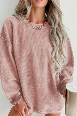 Outlet Dear-Lover Solid Ribbed Knit Round Neck Pullover Sweatshirt Pink