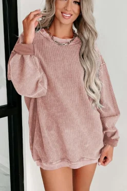 Outlet Dear-Lover Solid Ribbed Knit Round Neck Pullover Sweatshirt Pink