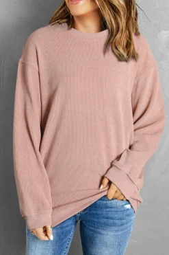 Outlet Dear-Lover Solid Ribbed Knit Round Neck Pullover Sweatshirt Pink