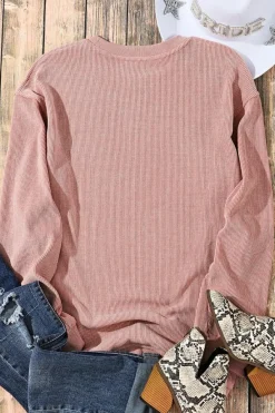 Outlet Dear-Lover Solid Ribbed Knit Round Neck Pullover Sweatshirt Pink