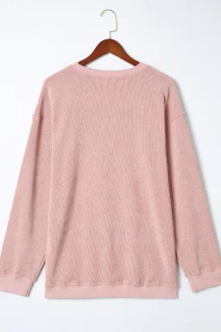 Outlet Dear-Lover Solid Ribbed Knit Round Neck Pullover Sweatshirt Pink