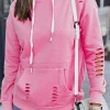 Hot Dear-Lover Solid Ripped Hooded Sweatshirt with Kangaroo Pocket Pink