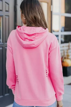 Hot Dear-Lover Solid Ripped Hooded Sweatshirt with Kangaroo Pocket Pink