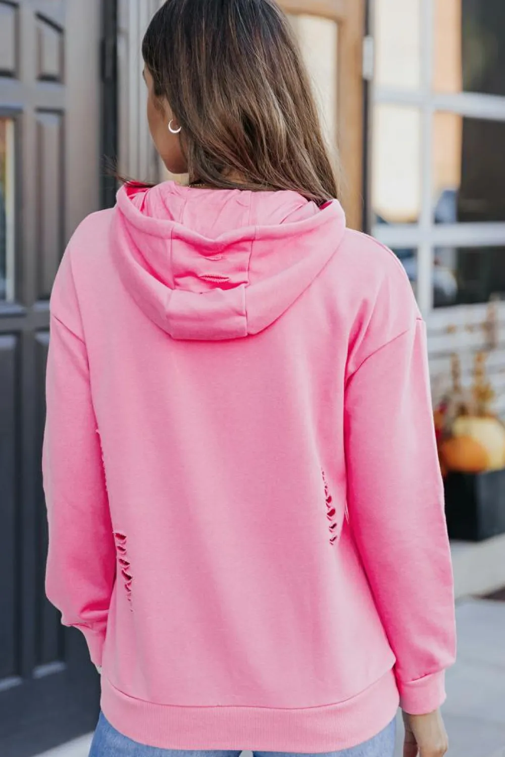 Hot Dear-Lover Solid Ripped Hooded Sweatshirt with Kangaroo Pocket Pink