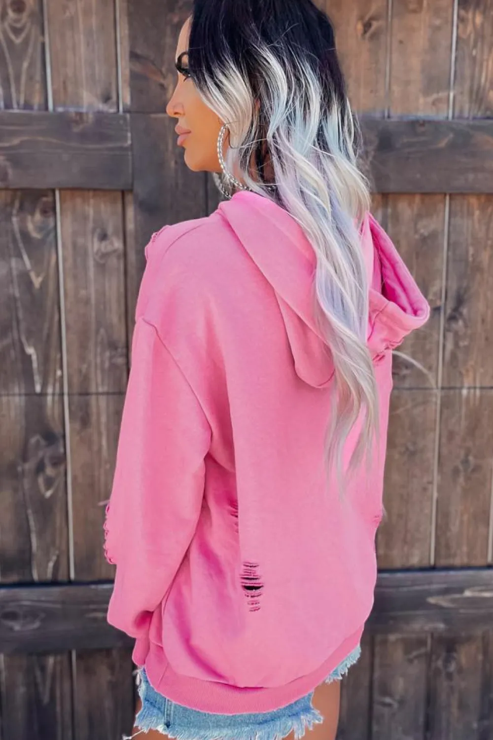 Hot Dear-Lover Solid Ripped Hooded Sweatshirt with Kangaroo Pocket Pink