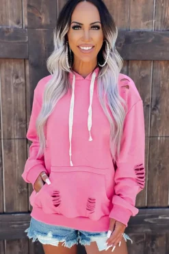 Hot Dear-Lover Solid Ripped Hooded Sweatshirt with Kangaroo Pocket Pink