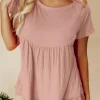 Best Dear-Lover Solid Short Sleeve Ruffle Hem Top Pink
