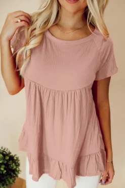 Best Dear-Lover Solid Short Sleeve Ruffle Hem Top Pink