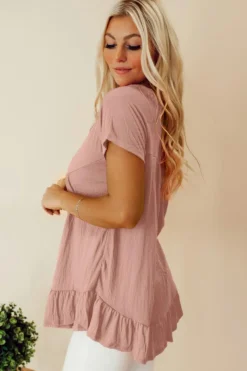 Best Dear-Lover Solid Short Sleeve Ruffle Hem Top Pink