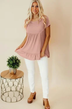 Best Dear-Lover Solid Short Sleeve Ruffle Hem Top Pink