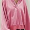 Online Dear-Lover Solid Snap Buttons Collared Balloon Sleeve Oversized Sweatshirt Pink