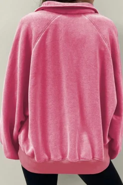 Online Dear-Lover Solid Snap Buttons Collared Balloon Sleeve Oversized Sweatshirt Pink