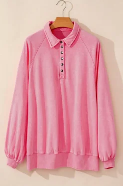 Online Dear-Lover Solid Snap Buttons Collared Balloon Sleeve Oversized Sweatshirt Pink