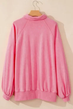 Online Dear-Lover Solid Snap Buttons Collared Balloon Sleeve Oversized Sweatshirt Pink