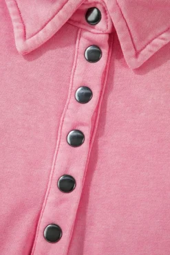 Online Dear-Lover Solid Snap Buttons Collared Balloon Sleeve Oversized Sweatshirt Pink