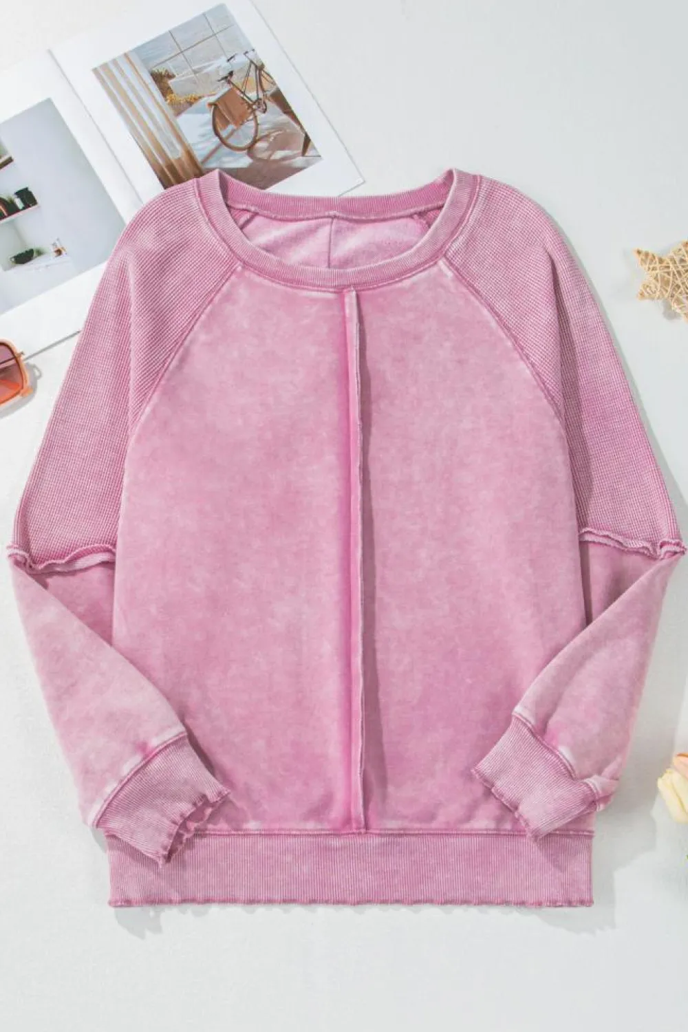 Sale Dear-Lover Solid Waffle Knit Patchwork Raglan Sleeve Sweatshirt Pink