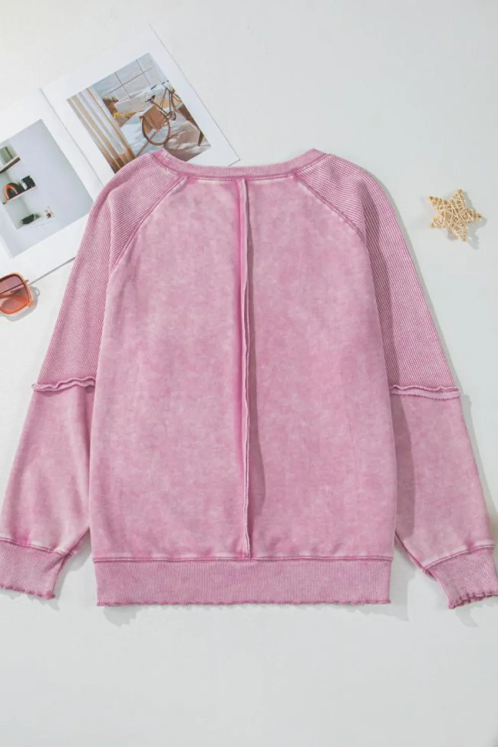 Sale Dear-Lover Solid Waffle Knit Patchwork Raglan Sleeve Sweatshirt Pink