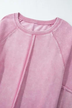 Sale Dear-Lover Solid Waffle Knit Patchwork Raglan Sleeve Sweatshirt Pink