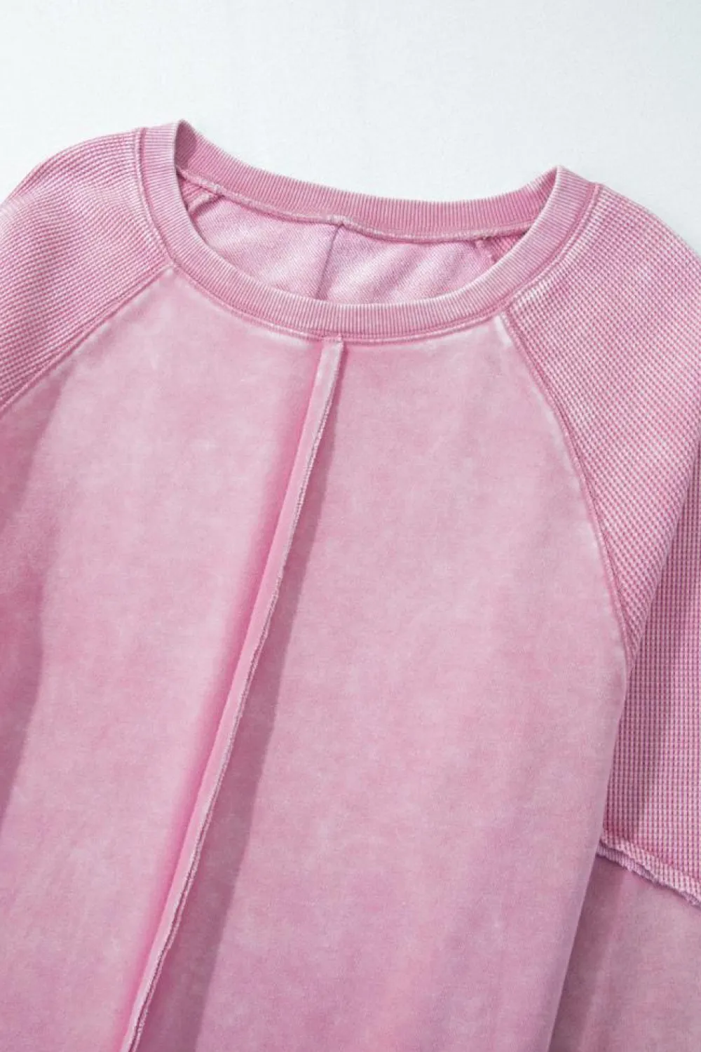 Sale Dear-Lover Solid Waffle Knit Patchwork Raglan Sleeve Sweatshirt Pink