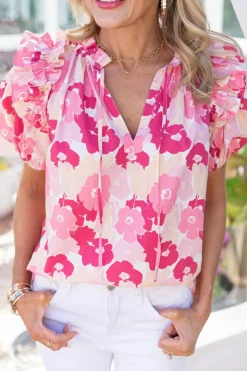 Fashion Dear-Lover Split Neck Ruffled Puff Sleeves Floral Top Pink