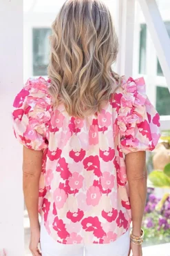 Fashion Dear-Lover Split Neck Ruffled Puff Sleeves Floral Top Pink
