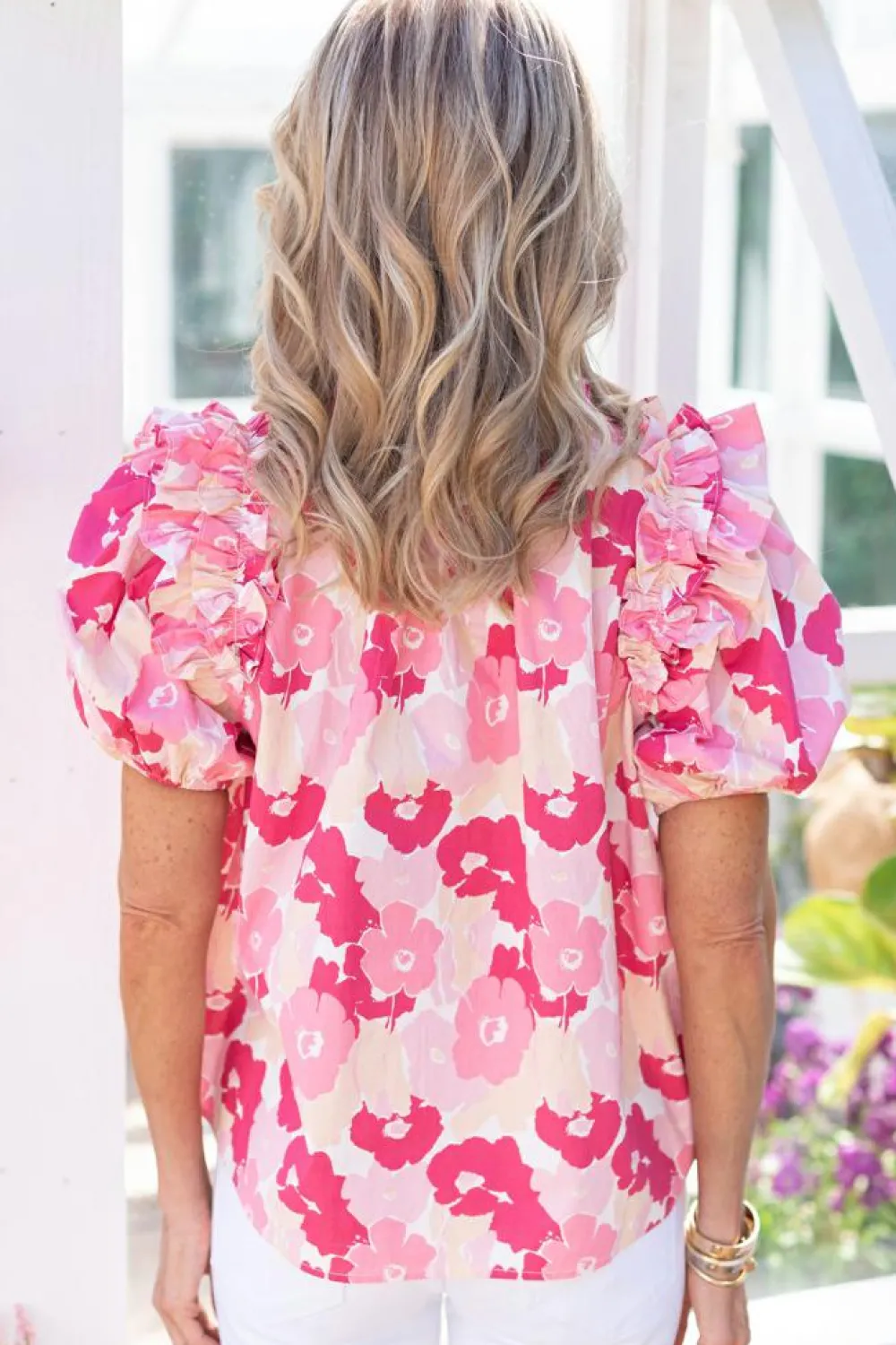 Fashion Dear-Lover Split Neck Ruffled Puff Sleeves Floral Top Pink
