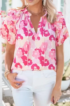 Fashion Dear-Lover Split Neck Ruffled Puff Sleeves Floral Top Pink
