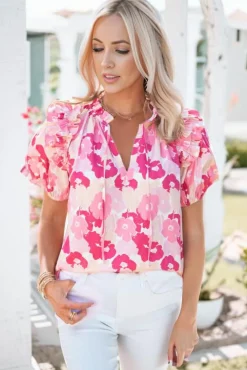 Fashion Dear-Lover Split Neck Ruffled Puff Sleeves Floral Top Pink