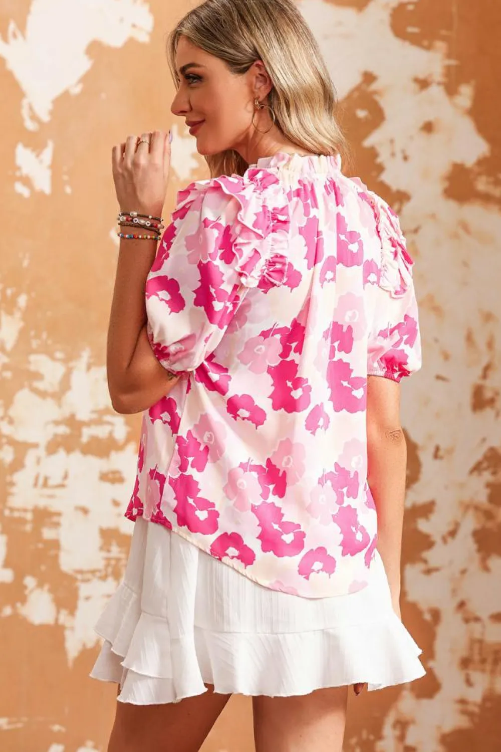 Fashion Dear-Lover Split Neck Ruffled Puff Sleeves Floral Top Pink