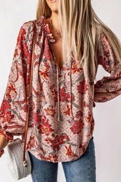 Fashion Dear-Lover Split V Neck Printed Blouse Pink