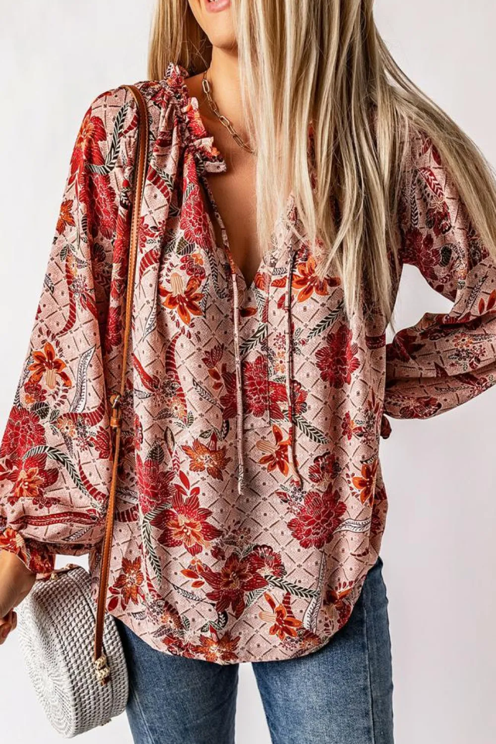 Fashion Dear-Lover Split V Neck Printed Blouse Pink