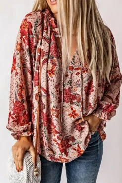 Fashion Dear-Lover Split V Neck Printed Blouse Pink