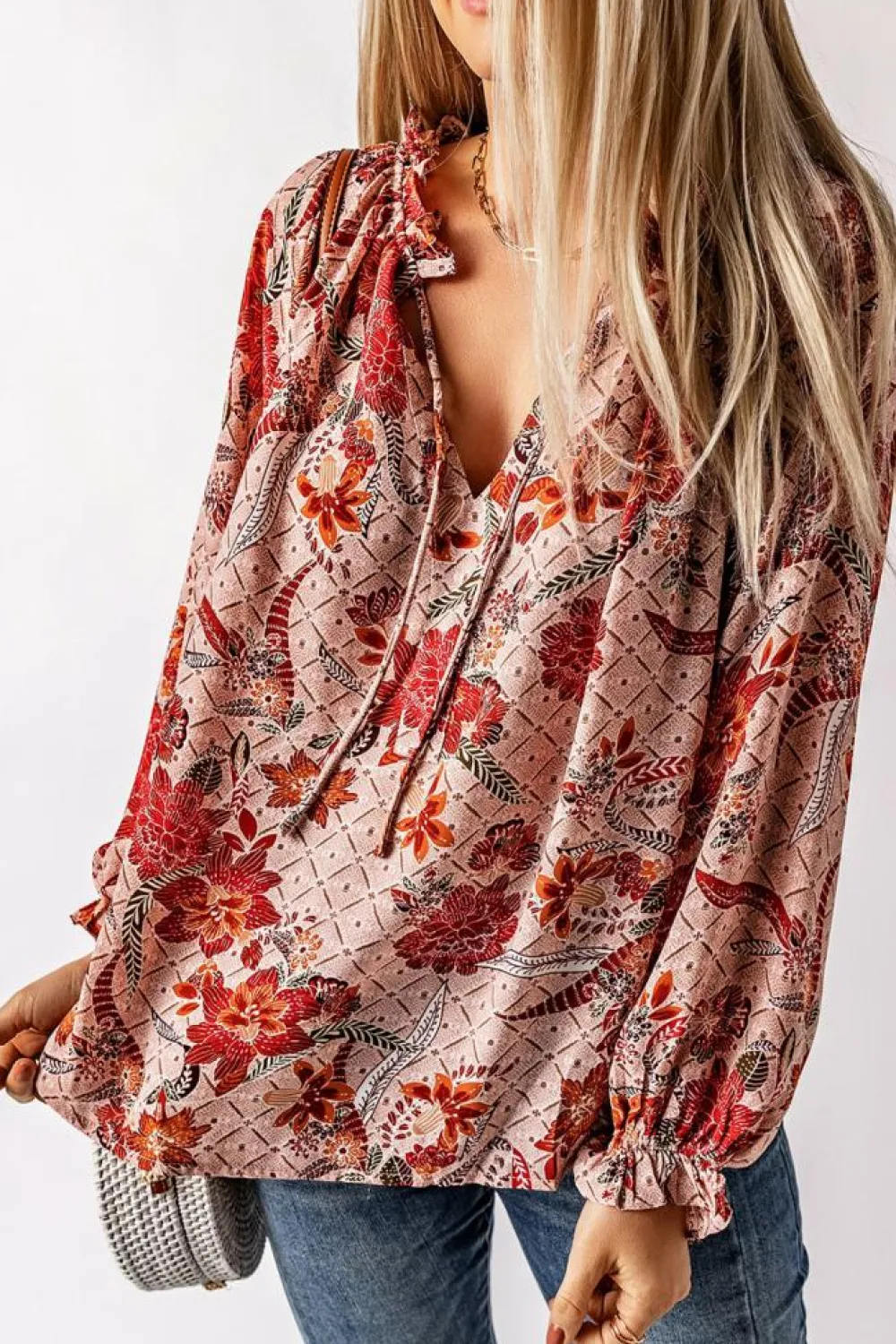 Fashion Dear-Lover Split V Neck Printed Blouse Pink