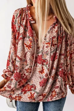 Fashion Dear-Lover Split V Neck Printed Blouse Pink