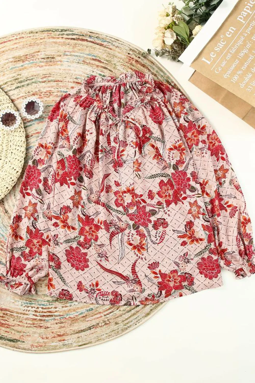 Fashion Dear-Lover Split V Neck Printed Blouse Pink