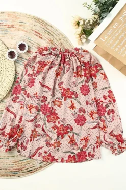 Fashion Dear-Lover Split V Neck Printed Blouse Pink