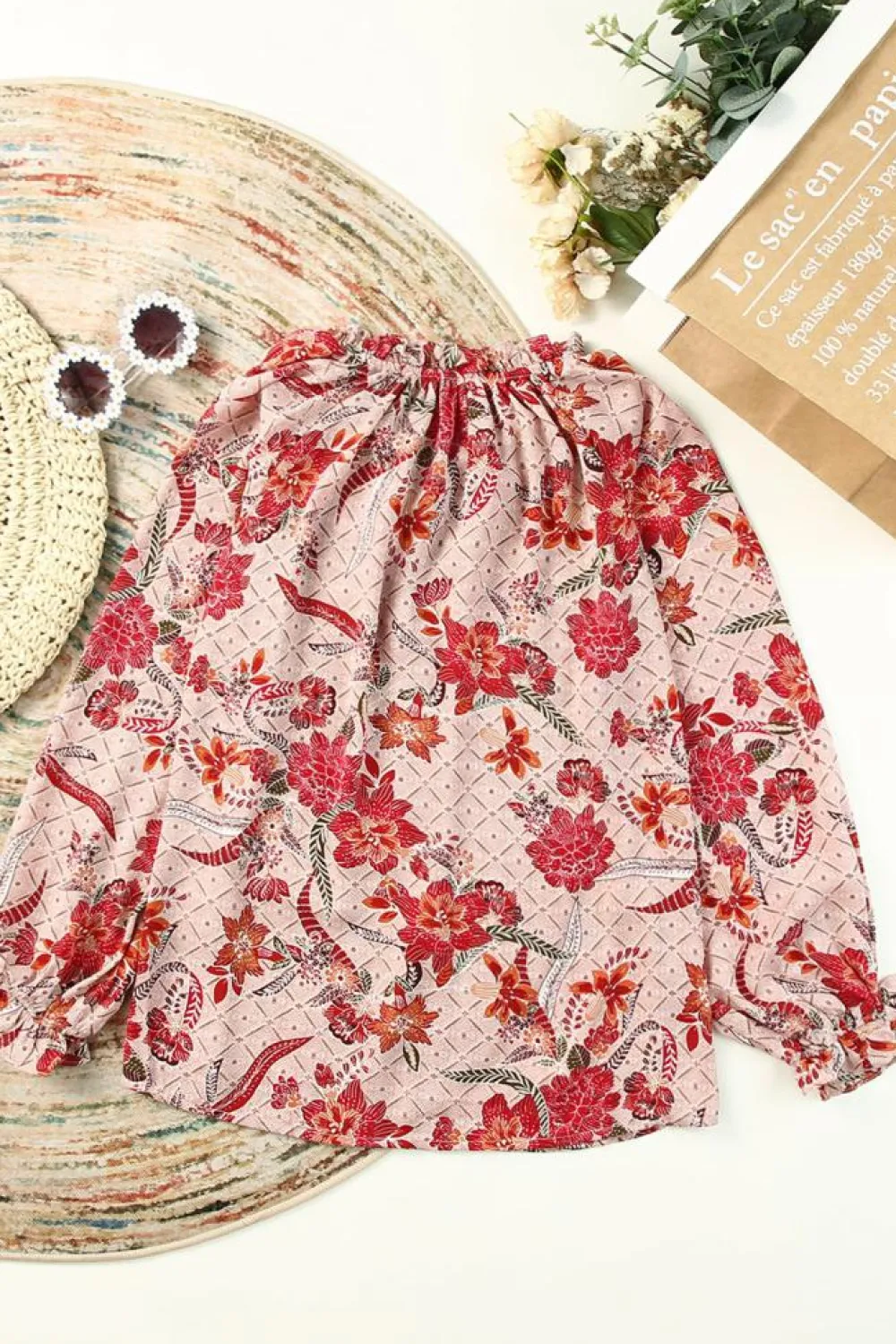 Fashion Dear-Lover Split V Neck Printed Blouse Pink