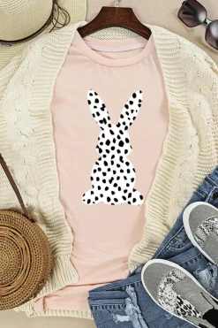 Fashion Dear-Lover Spotty Bunny Printed Easter Fashion T Shirt Pink