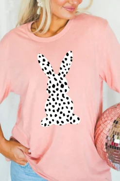 Fashion Dear-Lover Spotty Bunny Printed Easter Fashion T Shirt Pink