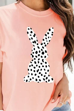 Fashion Dear-Lover Spotty Bunny Printed Easter Fashion T Shirt Pink