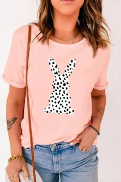 Fashion Dear-Lover Spotty Bunny Printed Easter Fashion T Shirt Pink