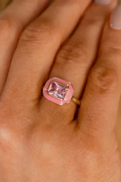 Outlet Dear-Lover Square Gem Insert Alloy Ring Pink