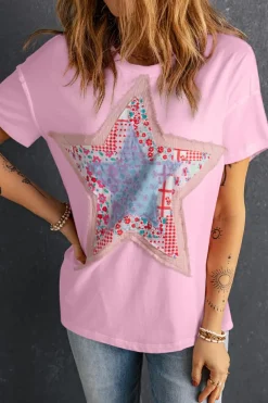 Clearance Dear-Lover Star Patchwork Loose T-shirt Pink