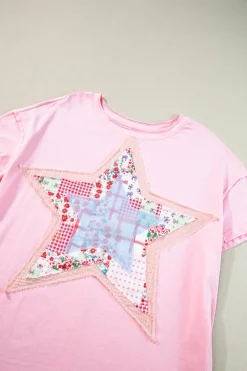 Clearance Dear-Lover Star Patchwork Loose T-shirt Pink