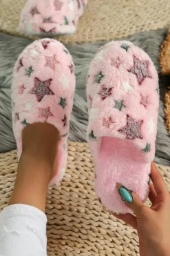 Fashion Dear-Lover Star Pattern Plush Home Slippers Pink
