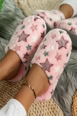 Fashion Dear-Lover Star Pattern Plush Home Slippers Pink