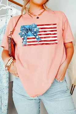 Sale Dear-Lover Starry Bow American Flag Graphic T Shirt Pink