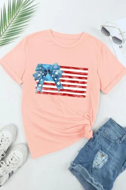 Sale Dear-Lover Starry Bow American Flag Graphic T Shirt Pink
